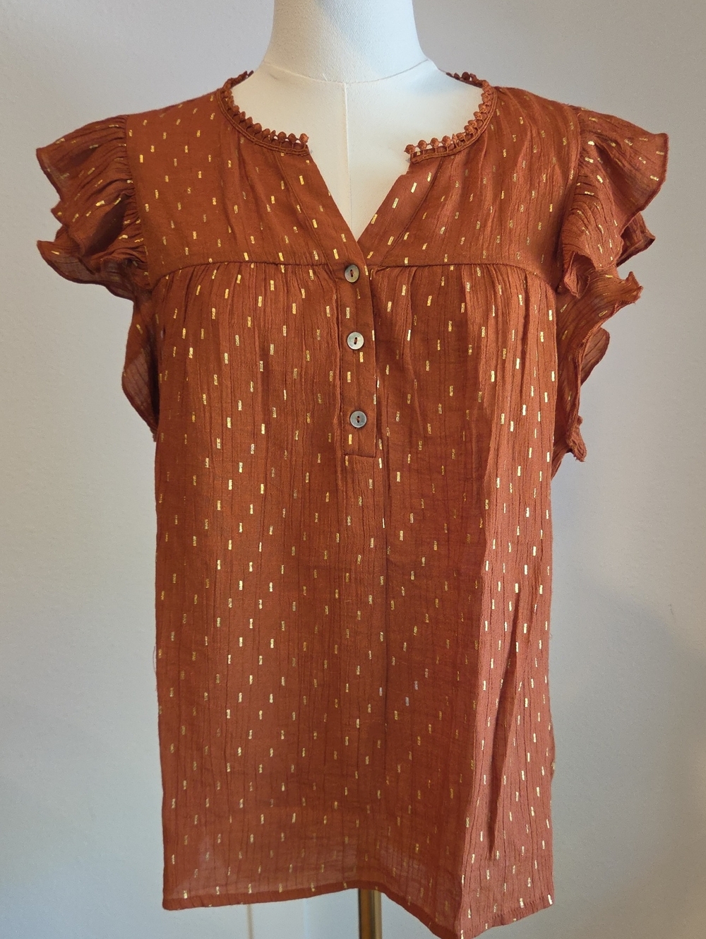 Nanette Lepore Terracotta Top with Gold Metallic Dots